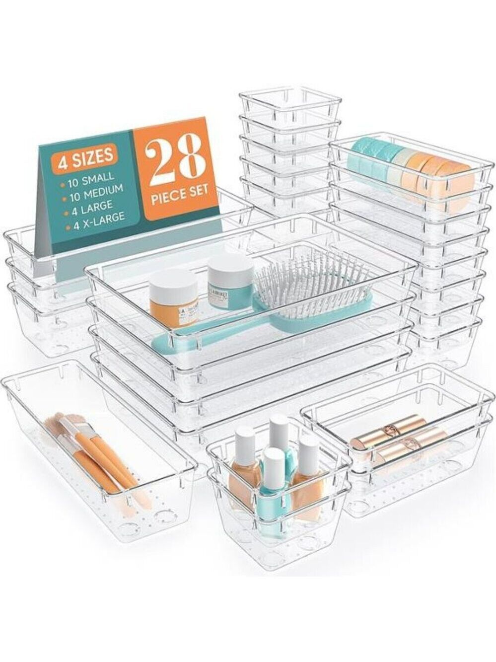 Clear Plastic Drawer Organizer Bins Set for Makeup Kitchen Office Storage